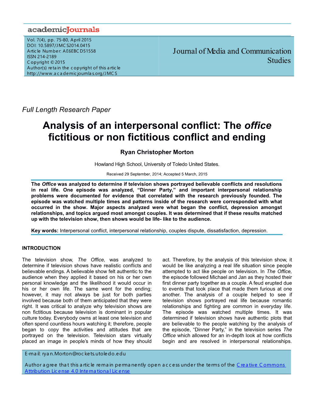 Analysis of an Interpersonal Conflict: the Office Fictitious Or Non Fictitious Conflict and Ending