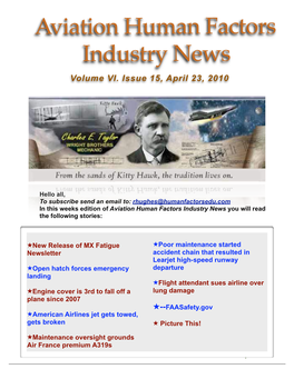 Aviation Human Factors Industry News Volume VI