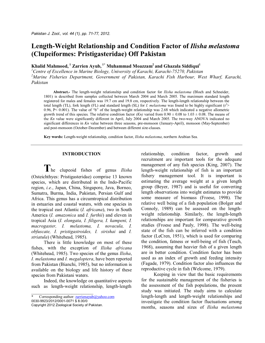 Length-Weight Relationship and Condition Factor of Ilisha Melastoma (Clupeiformes: Pristigasteridae) Off Pakistan