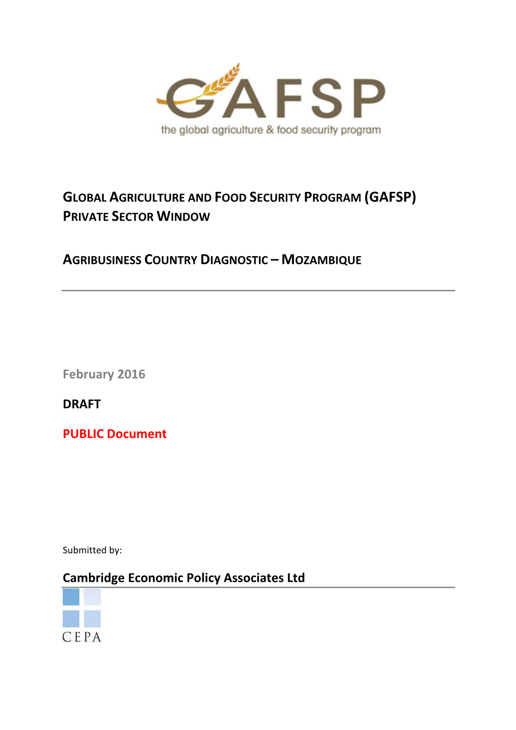 (Gafsp) Private Sector Window Agribusiness Country Diagnostic