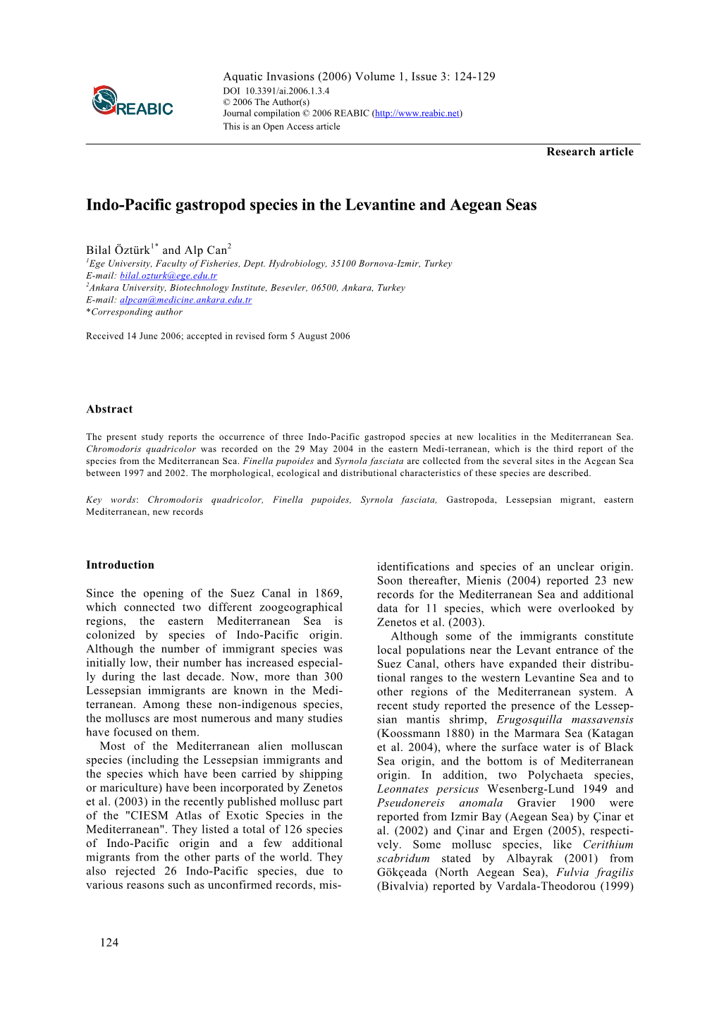 Indo-Pacific Gastropod Species in the Levantine and Aegean Seas