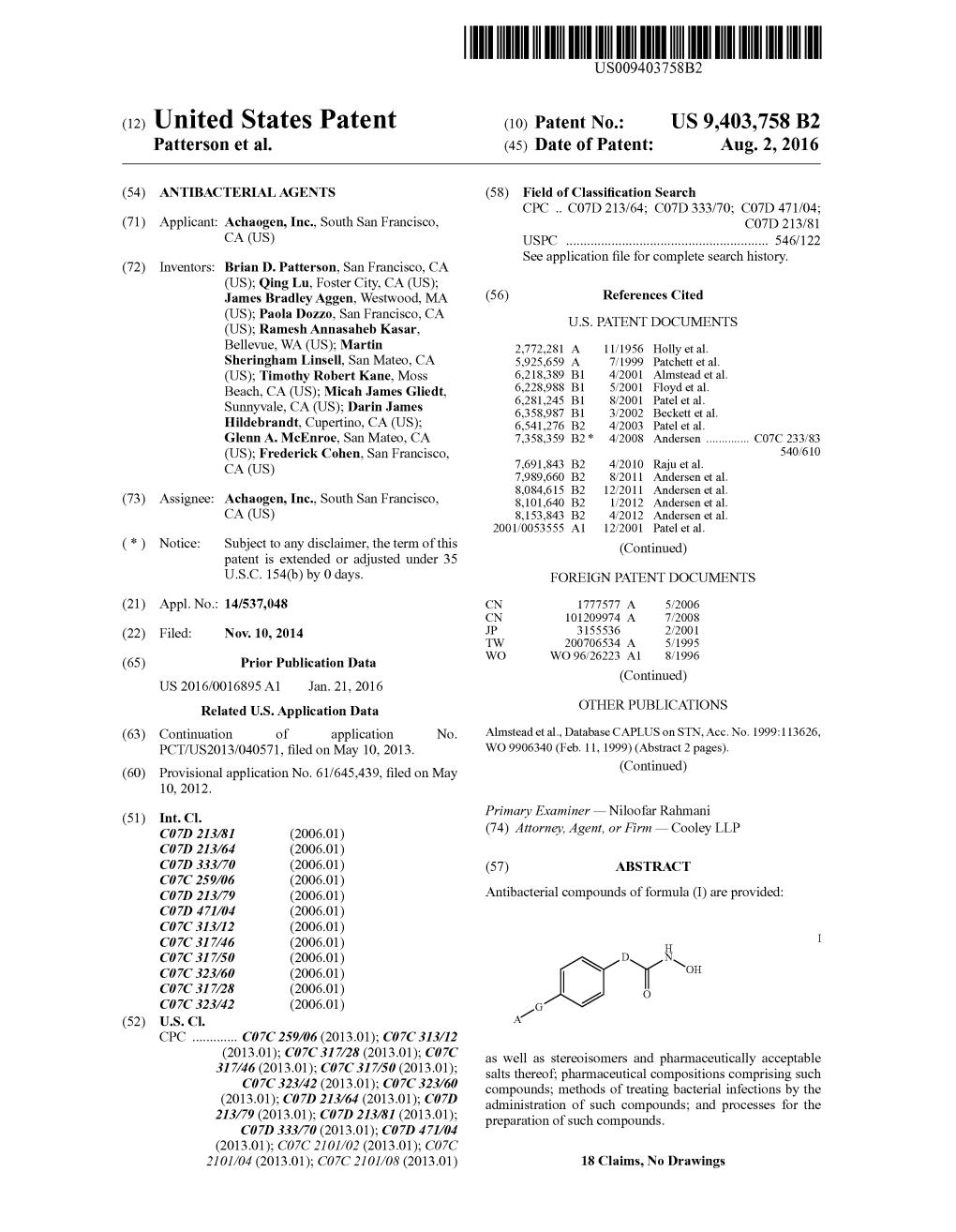 (12) United States Patent (10) Patent No.: US 9.403,758 B2 Patterson Et Al