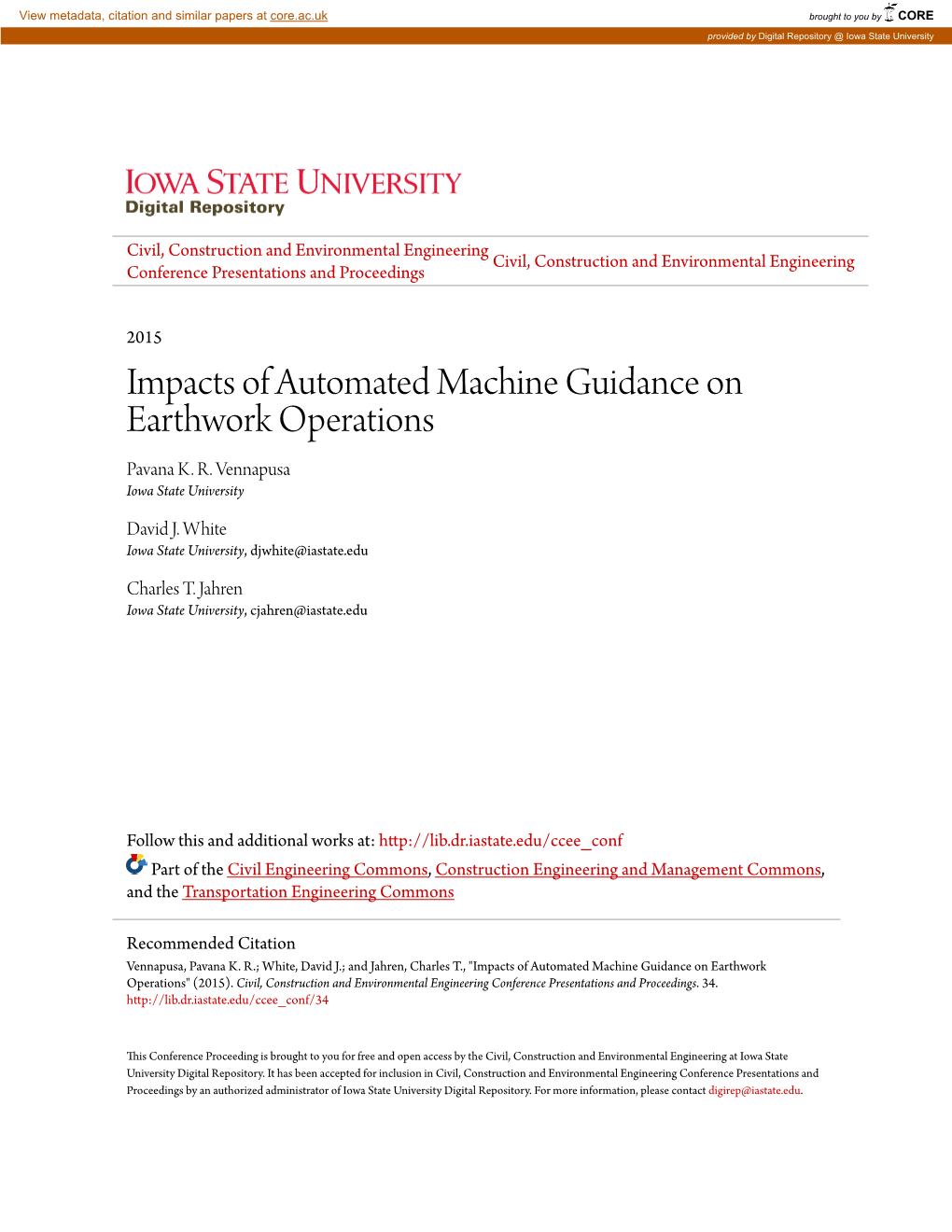 Impacts of Automated Machine Guidance on Earthwork Operations Pavana K