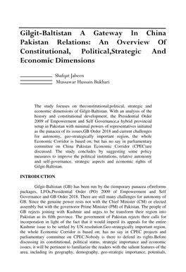 Gilgit-Baltistan a Gateway in China Pakistan Relations: an Overview of Constitutional, Political,Strategic and Economic Dimensions