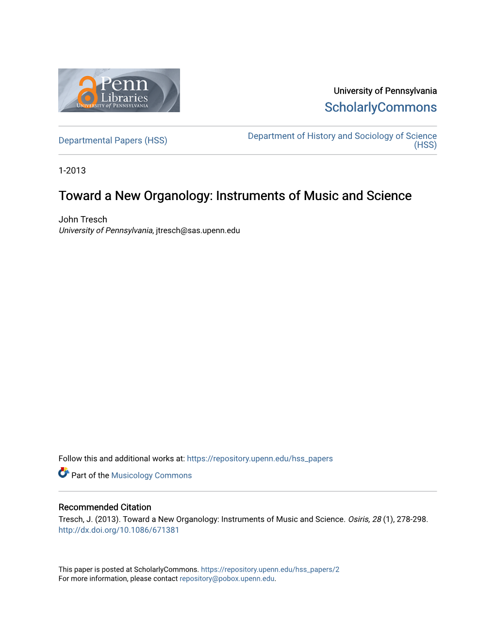 Toward a New Organology: Instruments of Music and Science