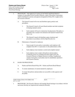 PARDON and PAROLE BOARD Effective Date: January 11, 2001 Policy and Procedures Manual Procedures Minutes from the Pardon and Page 1 of 98 Parole Board Meetings