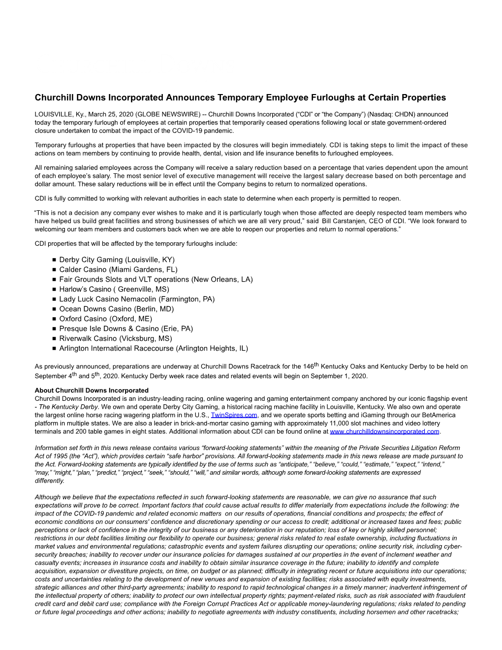 Churchill Downs Incorporated Announces Temporary Employee Furloughs at Certain Properties