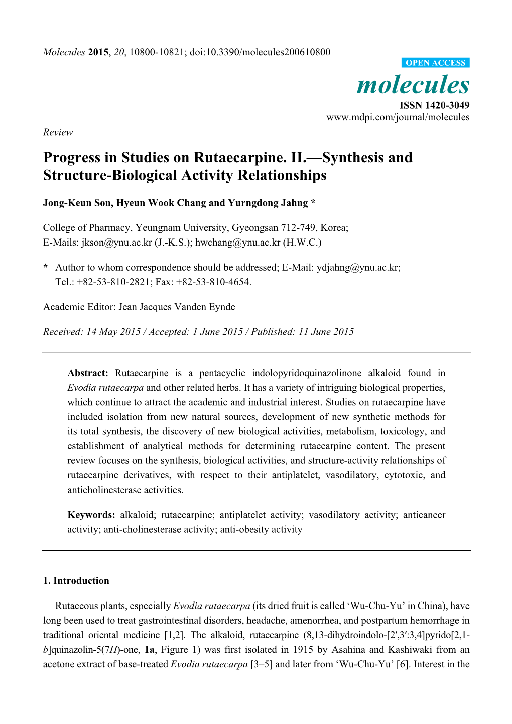 Progress in Studies on Rutaecarpine. II.—Synthesis and Structure-Biological Activity Relationships