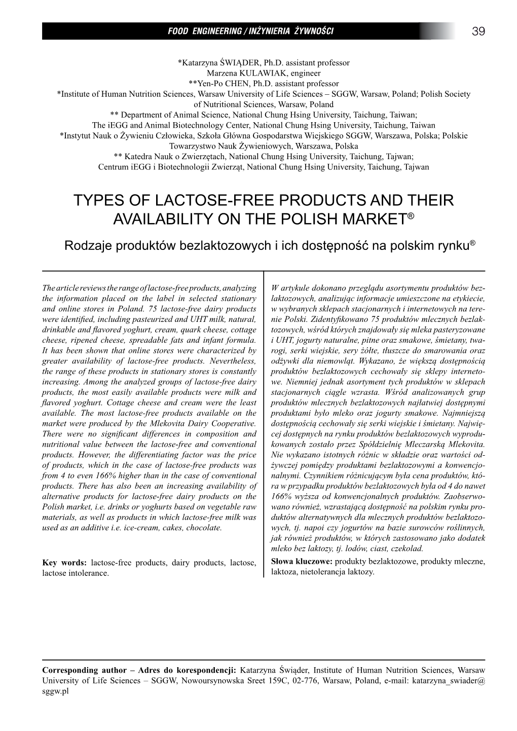 Types of Lactose-Free Products and Their Availability on the Polish Market® Rodzaje Produktów Bezlaktozowych I Ich Dostępność Na Polskim Rynku®