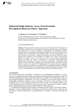 Industrial Single-Industry Areas, Socio-Economic Development Based on Cluster Approach