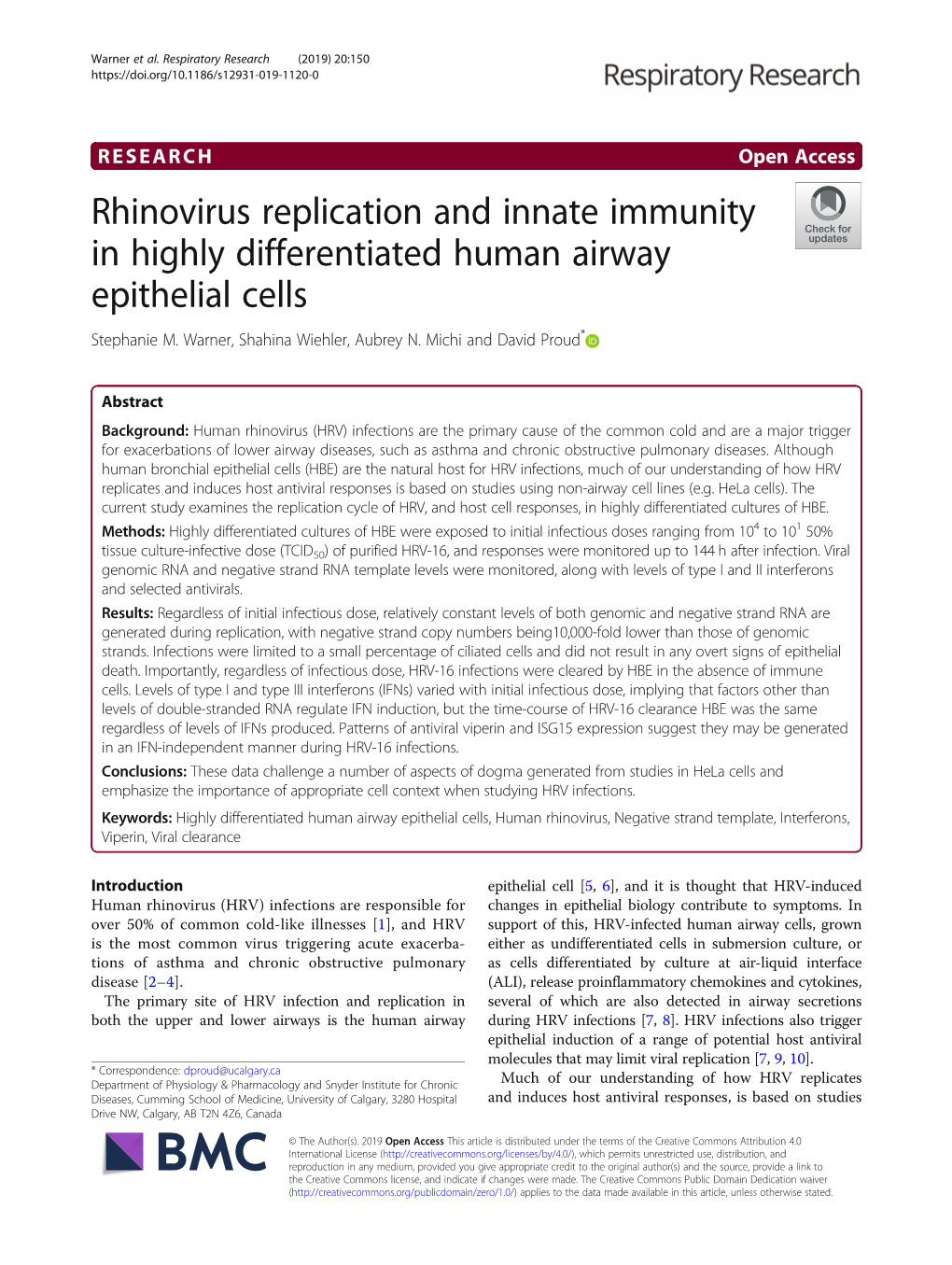 Rhinovirus Replication and Innate Immunity in Highly Differentiated Human Airway Epithelial Cells Stephanie M
