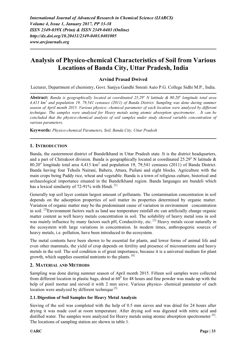 Analysis of Physico-Chemical Characteristics of Soil from Various Locations of Banda City, Uttar Pradesh, India