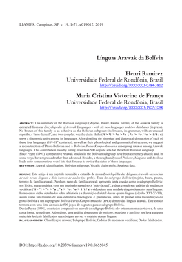 Línguas Arawak Da Bolívia Henri Ramirez Universidade Federal De
