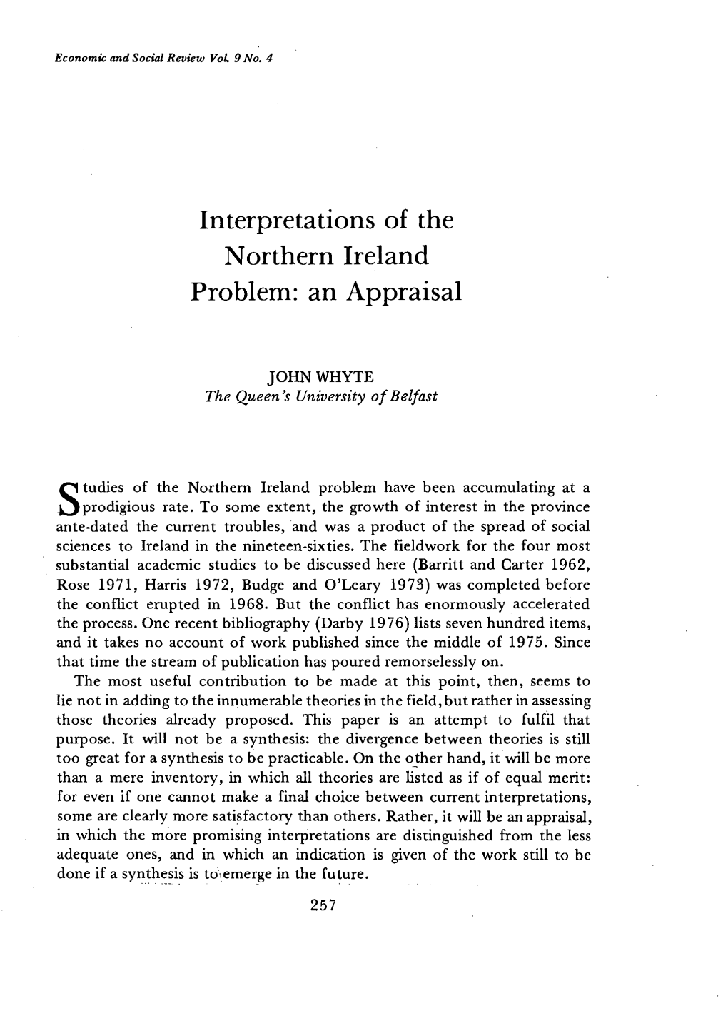 Interpretations of the Northern Ireland Problem: an Appraisal