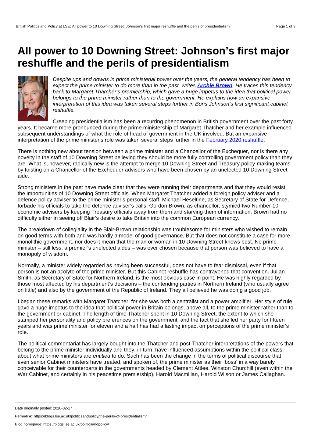 British Politics and Policy at LSE: All Power to 10 Downing Street: Johnson’S First Major Reshuffle and the Perils of Presidentialism Page 1 of 3