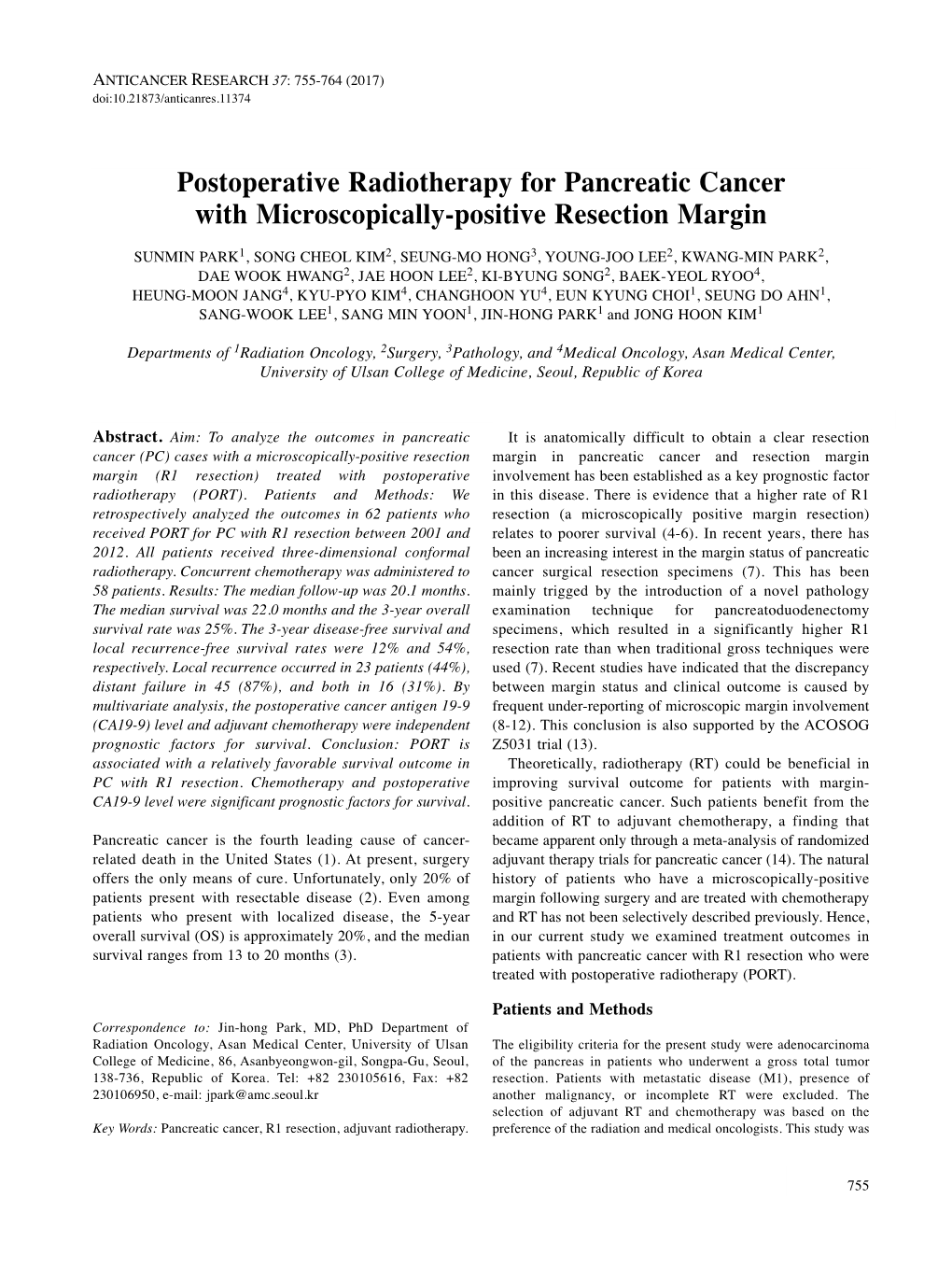 Postoperative Radiotherapy for Pancreatic Cancer With