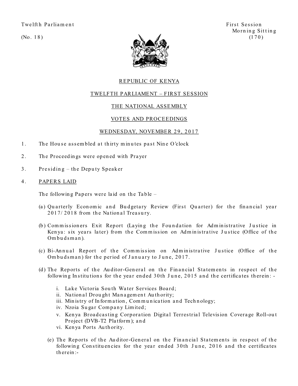 Twelfth Parliament First Session Morning Sitting (No