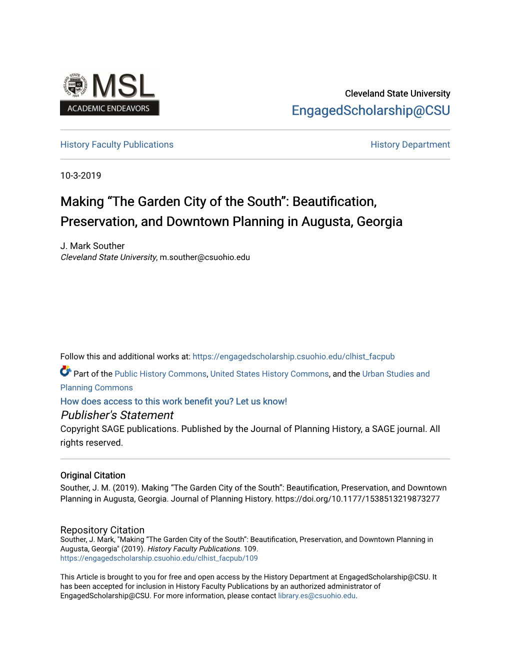 “The Garden City of the South”: Beautification, Preservation, and Downtown Planning in Augusta, Georgia