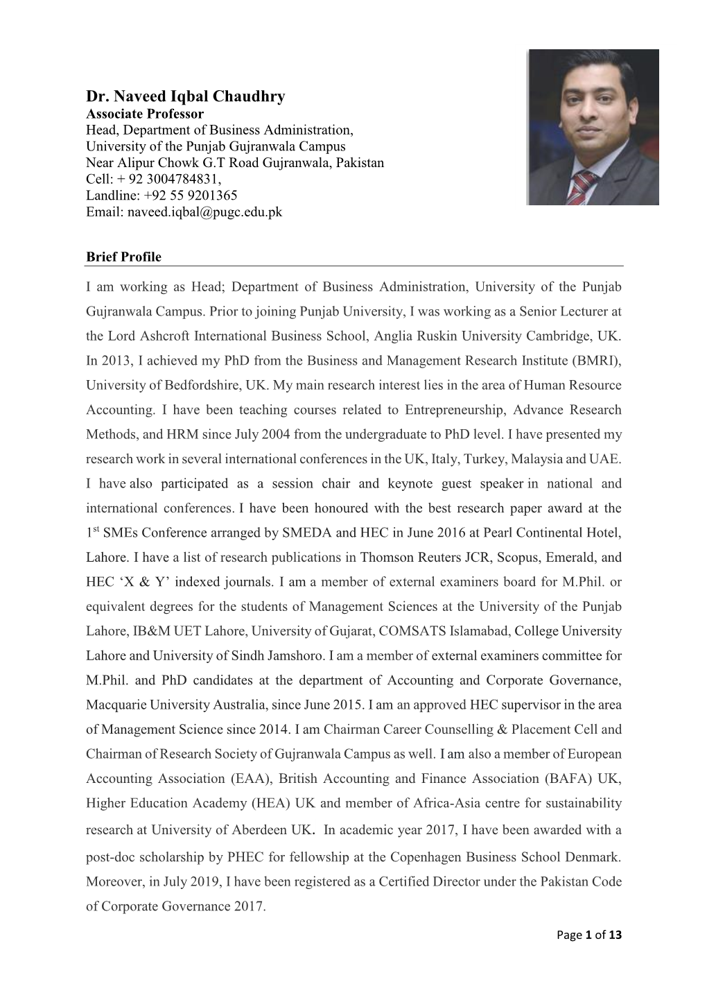 CV of Dr. Naveed Iqbal Chaudhry
