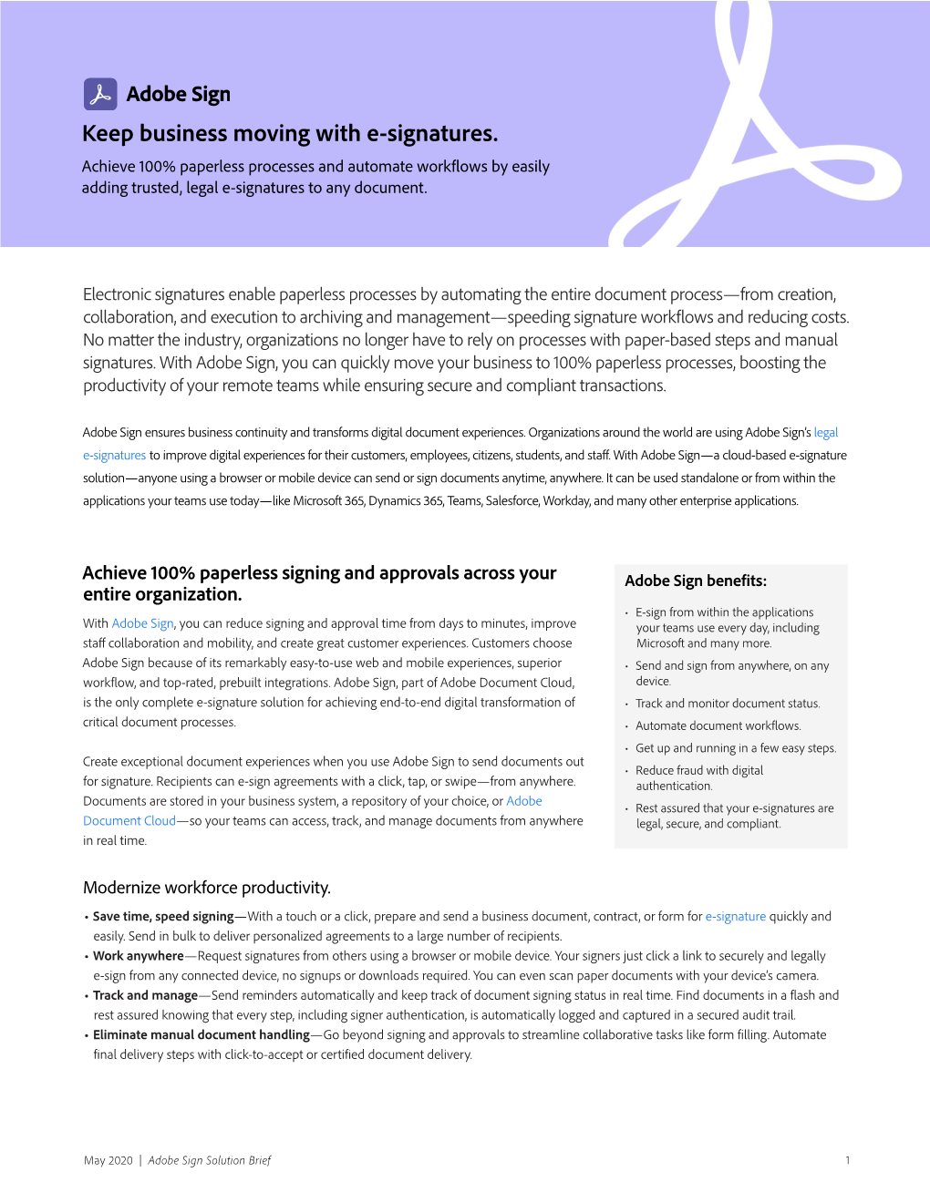 Adobe Sign Solution Brief 1 E-Signature Use Cases: Completely Paperless Processes for Every Business Or Industry