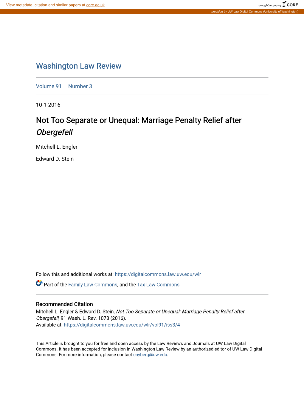 Not Too Separate Or Unequal: Marriage Penalty Relief After Obergefell
