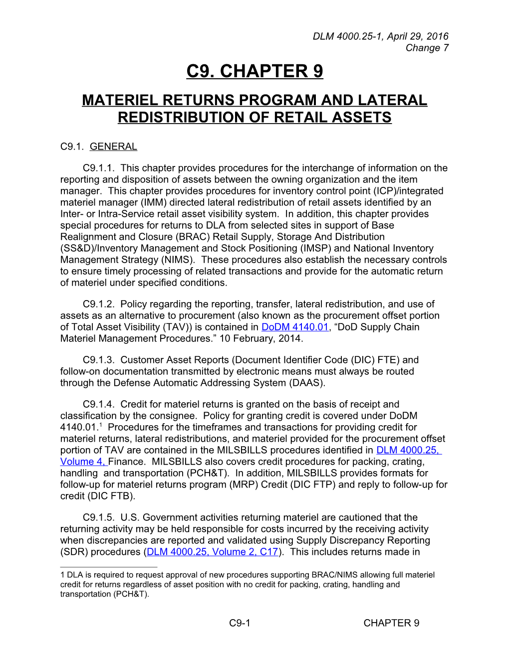 Chapter 9 - Materiel Returns Program and Lateral Redistribution of Retail Assets