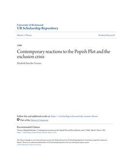 Contemporary Reactions to the Popish Plot and the Exclusion Crisis Elizabeth Breeden Townes