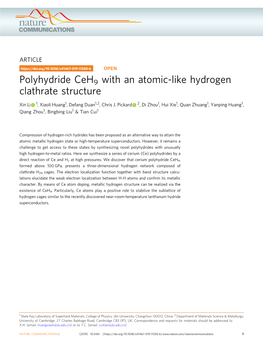 Polyhydride Ceh9 with an Atomic-Like Hydrogen Clathrate Structure