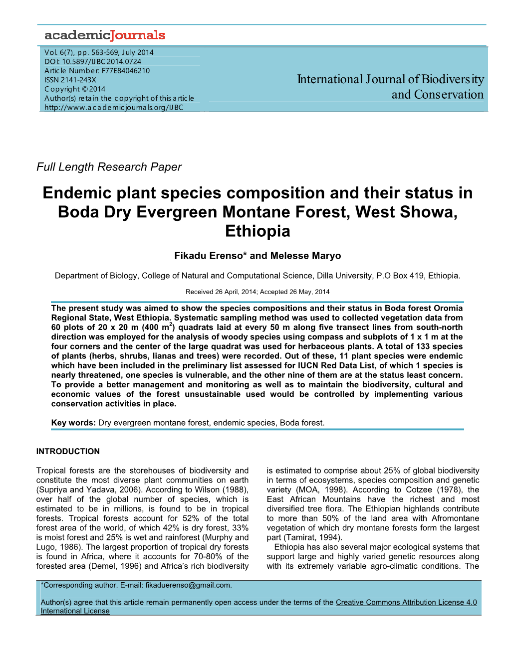 Endemic Plant Species Composition and Their Status in Boda Dry Evergreen Montane Forest, West Showa, Ethiopia