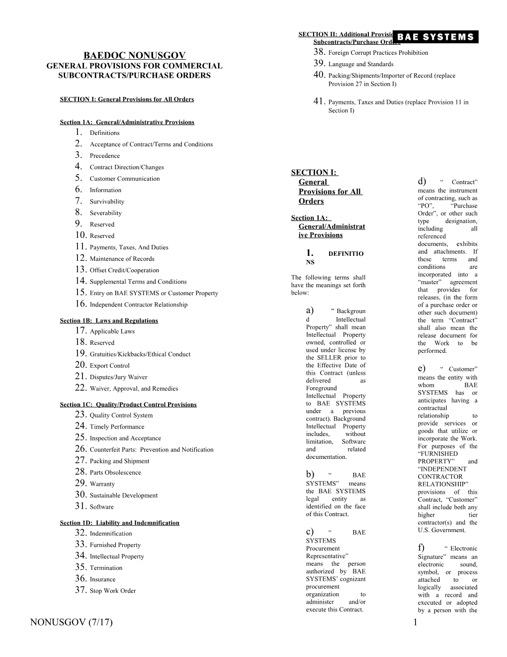 General Provisions for Commercial Subcontracts/Purchase Orders