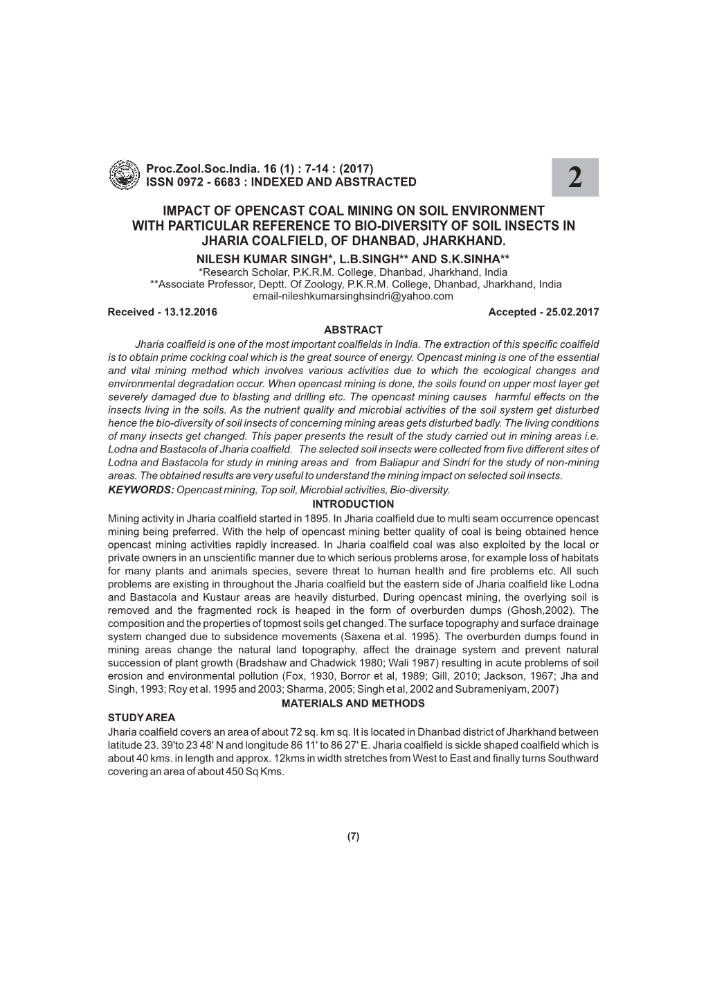 Impact of Opencast Coal Mining on Soil Environment with Particular Reference to Bio-Diversity of Soil Insects in Jharia Coalfield, of Dhanbad, Jharkhand