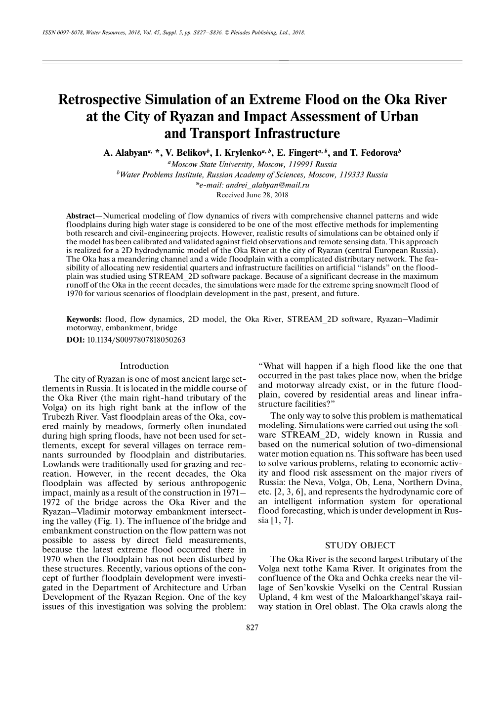 Retrospective Simulation of an Extreme Flood on the Oka River at the City of Ryazan and Impact Assessment of Urban and Transport Infrastructure A