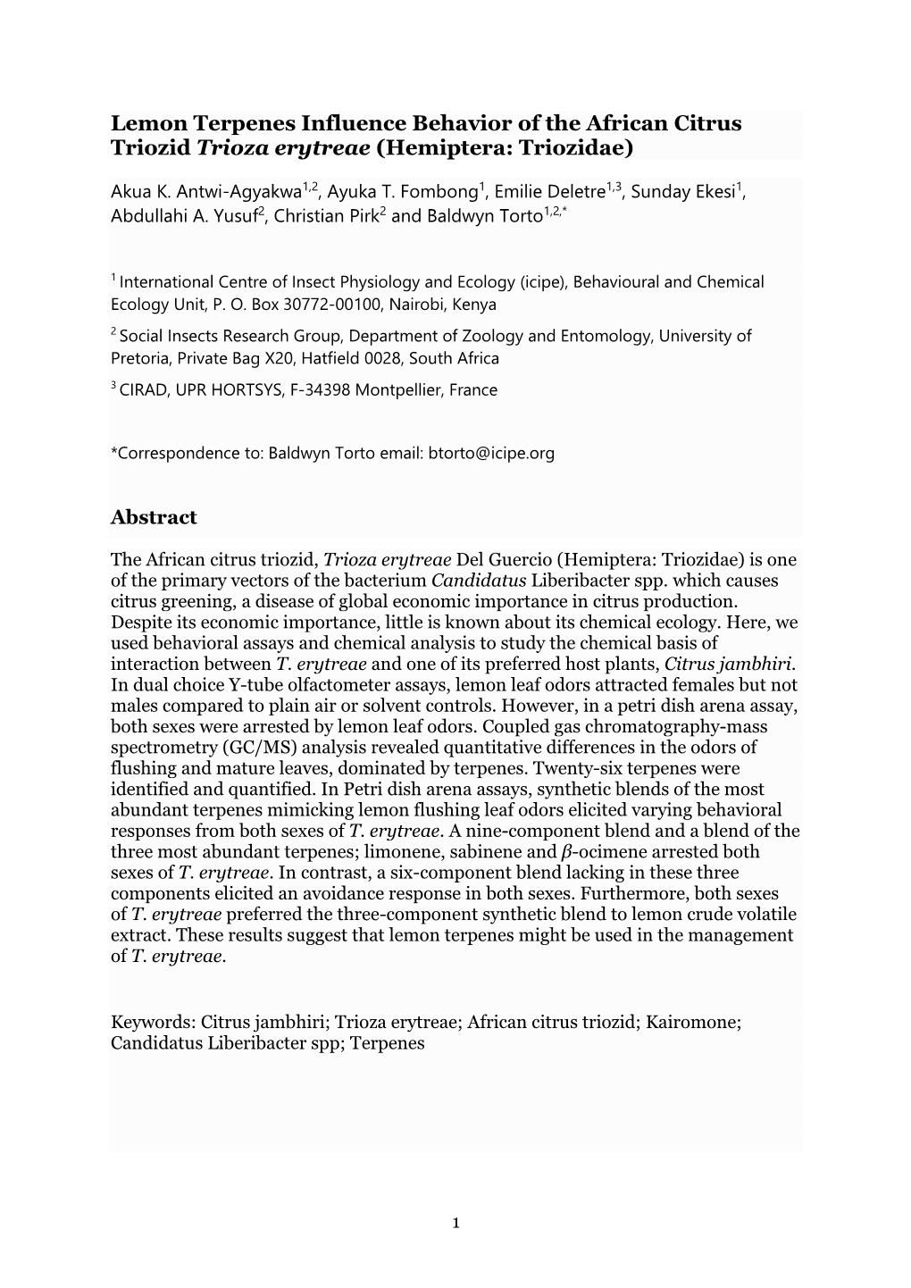 Lemon Terpenes Influence Behavior of the African Citrus Triozid Trioza Erytreae (Hemiptera: Triozidae)