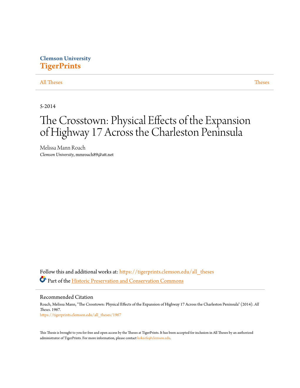 The Crosstown: Physical Effects of the Expansion of Highway 17 Across the Charleston Peninsula