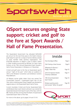 Qsport Secures Ongoing State Support; Cricket and Golf to the Fore at Sport Awards / Hall of Fame Presentation