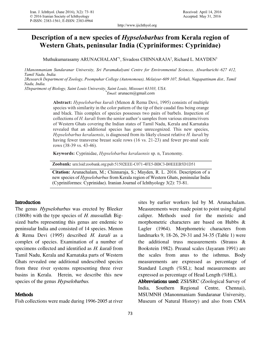 Description of a New Species of Hypselobarbus from Kerala Region of Western Ghats, Peninsular India (Cypriniformes: Cyprinidae)