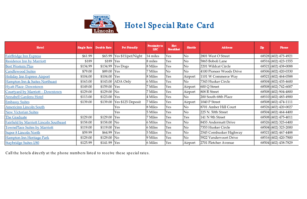 Hotel Special Rate Card