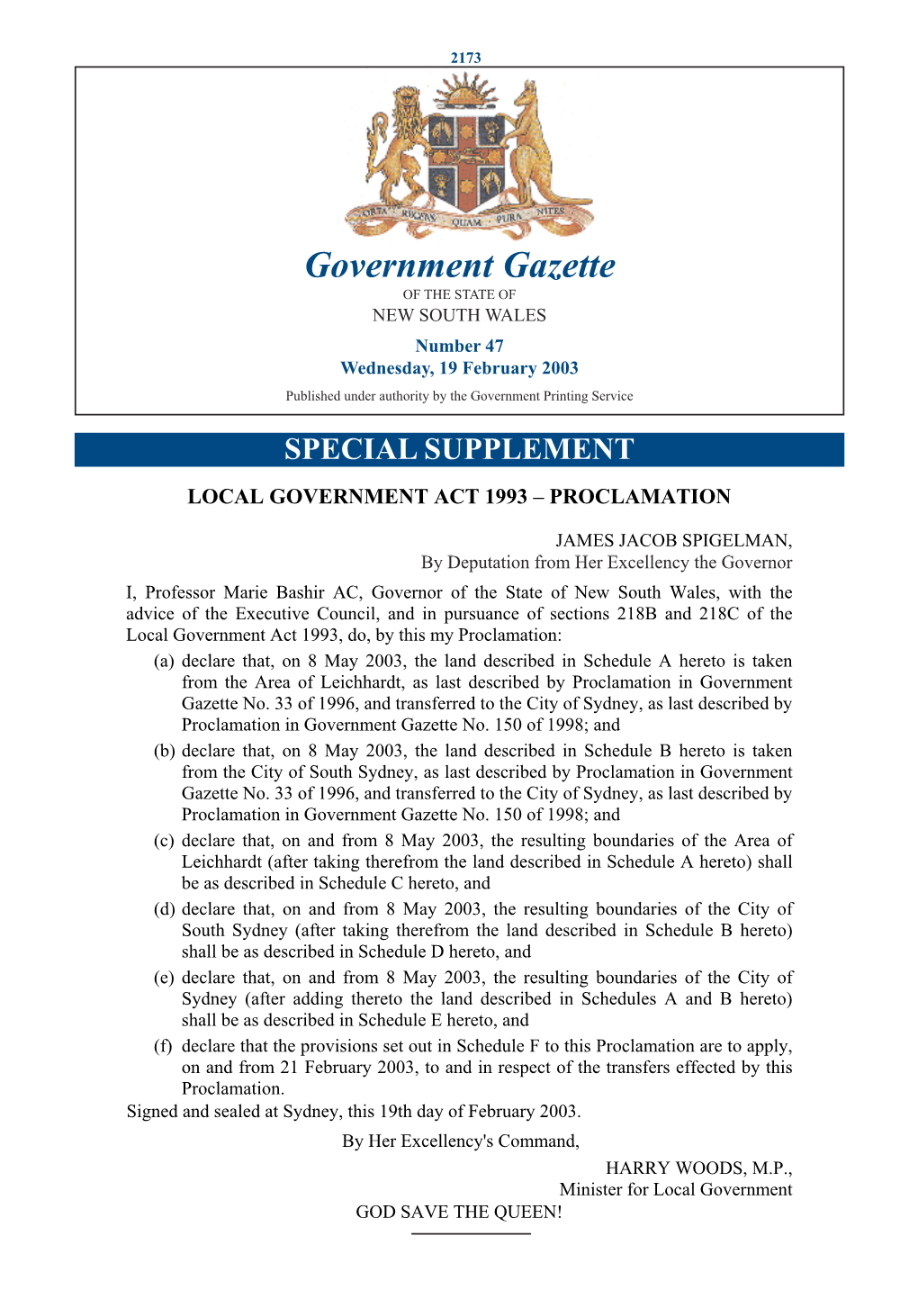 Government Gazette of the STATE of NEW SOUTH WALES Number 47 Wednesday, 19 February 2003 Published Under Authority by the Government Printing Service