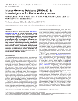 Mouse Genome Database (MGD)-2018: Knowledgebase for the Laboratory Mouse Cynthia L