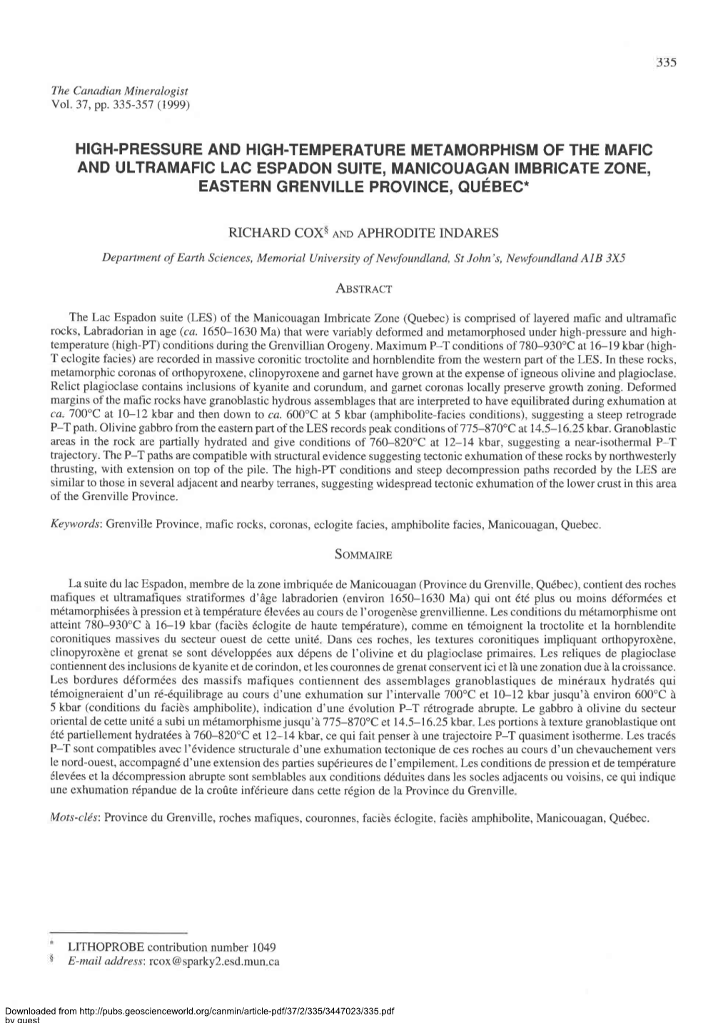 High.Pressure and High.Temperature Metamorphism of the Mafic and Ultramafic Lac Espadon Suite, Manicouagan Imbricate Zone, Easte