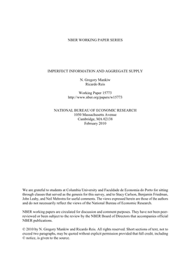 Nber Working Paper Series Imperfect Information And