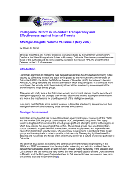 Intelligence Reform in Colombia: Transparency and Effectiveness Against Internal Threats -- Strategic Insights, Volume VI, Issue