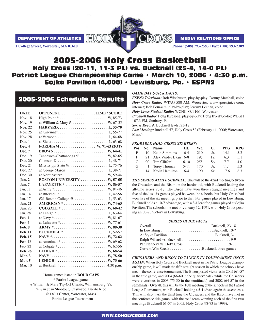 2005-2006 Holy Cross Basketball Holy Cross (20-11, 11-3 PL) Vs