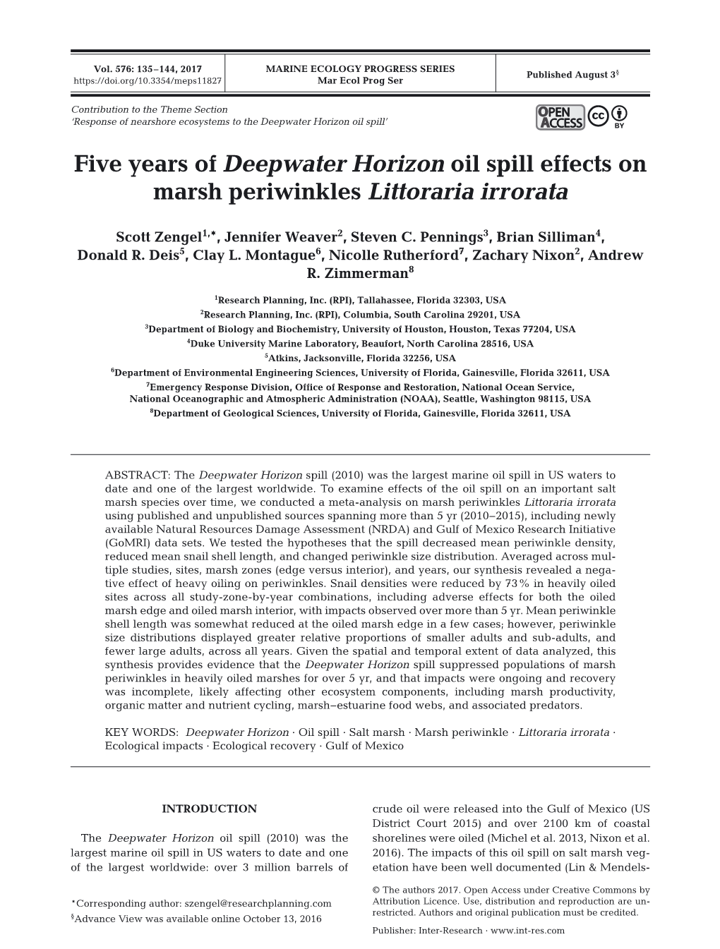 Five Years of Deepwater Horizon Oil Spill Effects on Marsh Periwinkles Littoraria Irrorata