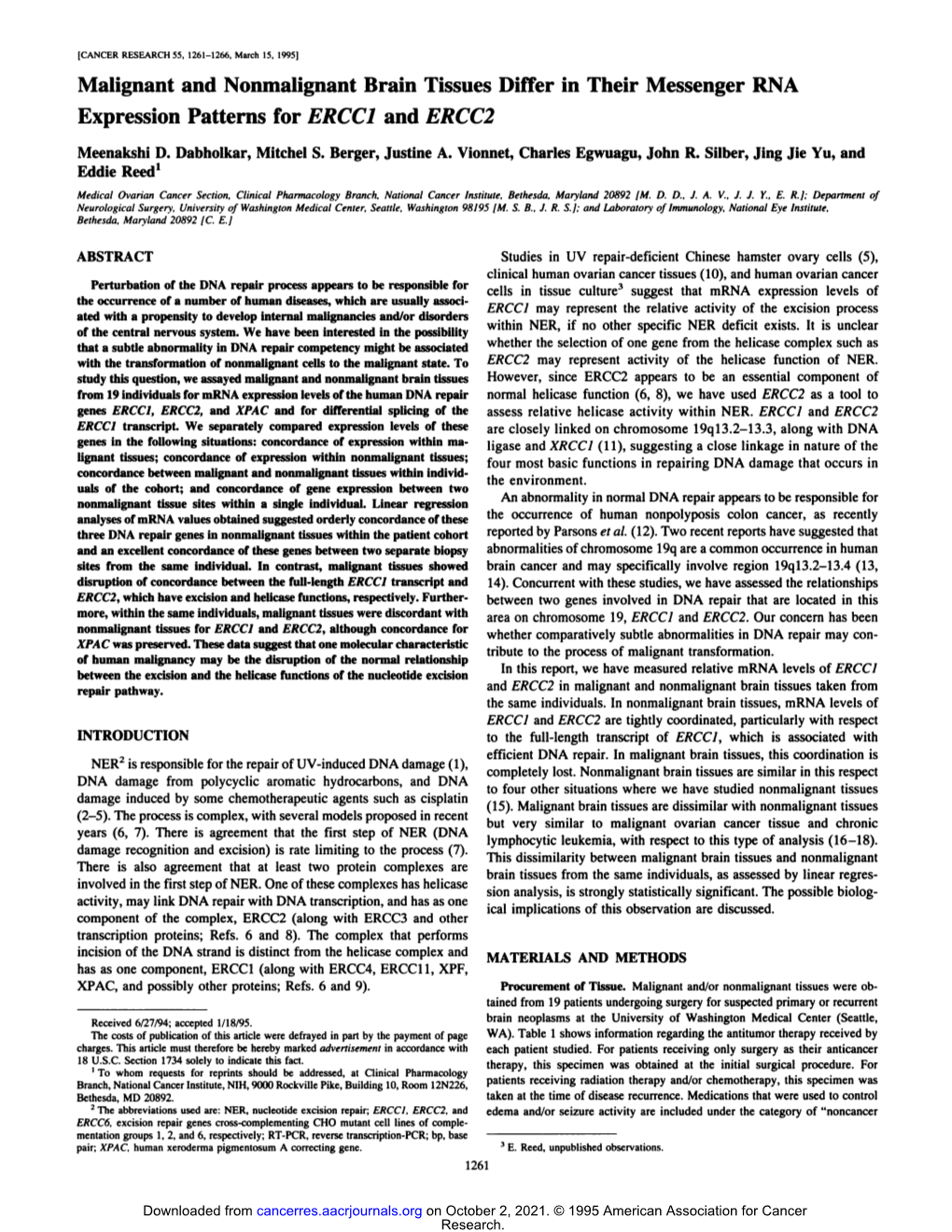 Malignant and Nonmalignant Brain Tissues Differ in Their Messenger RNA Expression Patterns for ERCC1 and ERCC2