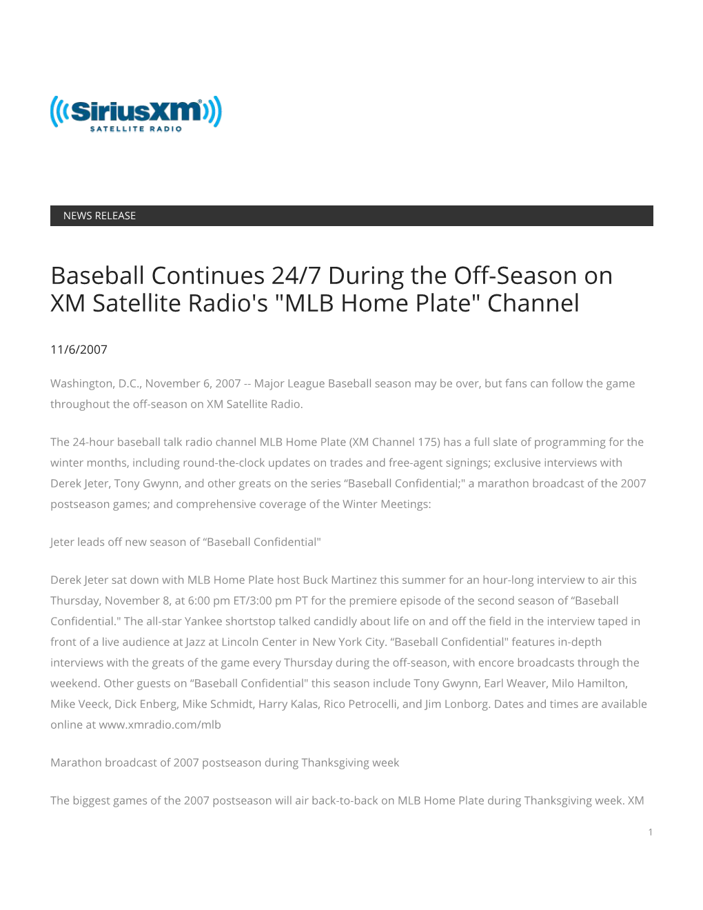 Baseball Continues 24/7 During the Off-Season on XM Satellite Radio's 