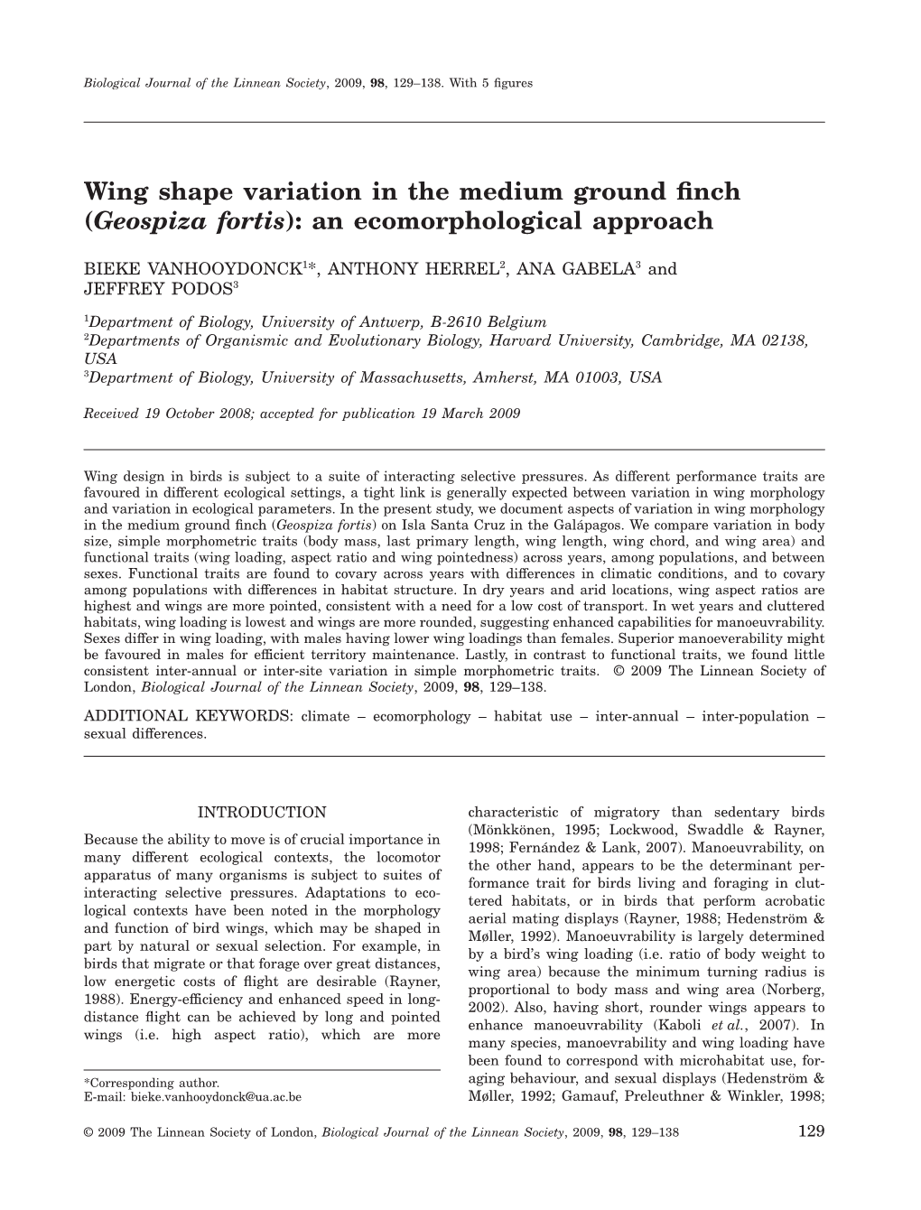 Wing Shape Variation in the Medium Ground Finch (Geospiza Fortis): An