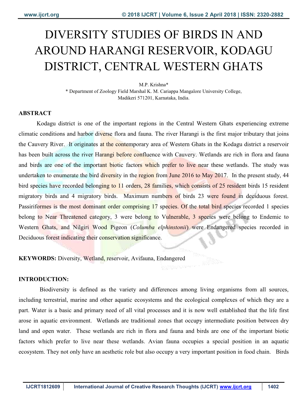 Diversity Studies of Birds in and Around Harangi Reservoir, Kodagu District, Central Western Ghats