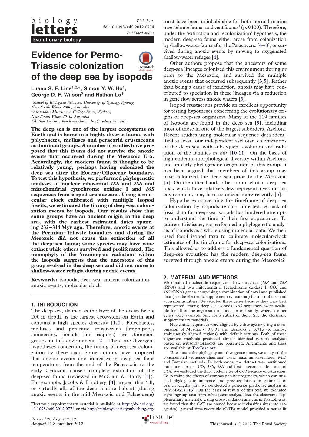 Triassic Colonization of the Deep Sea by Isopods