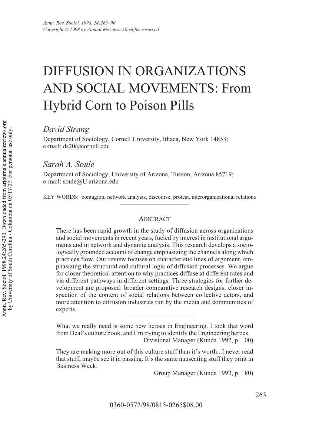 DIFFUSION in ORGANIZATIONS and SOCIAL MOVEMENTS: from Hybrid Corn to Poison Pills